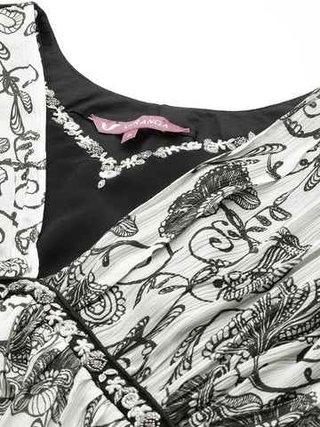 Varanga Women Off-White And Black Floral Printed Kurta With Bottom And Dupatta